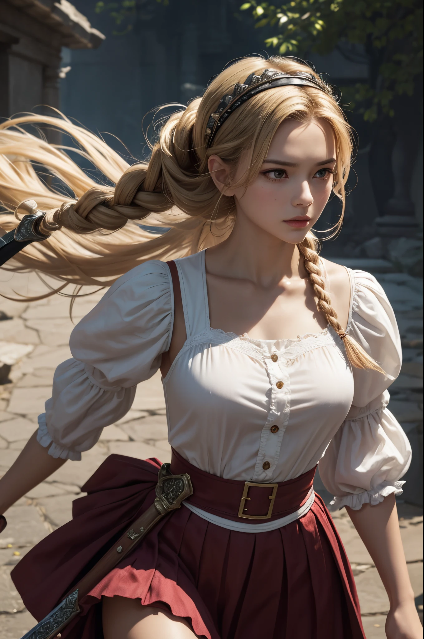 8K、of the highest quality、masutepiece、超A high resolution、(Photorealsitic:1.4)、1 infant maid、toddler maid with sword,blonde short perm hair、small breasted infant maid,Super beauty(Like the real thing)Ruffled headband、poneyTail、Braided hair、frilled blouse、Ribbon Ties、 Pinnafor、long  skirt、puff sleeves、white silk ankle sokril、glistning skin、 outside the big blue and white mansion、Sharp eye light,deadpan,beatiful backgrounds,超A high resolution,super realistic skin,Beautiful expression,Fantasyart,reallistic,super detailing,ultra -detail,character art,Glaring at the viewer,Holding a big sword,action scene,Battle scenery,Fighting attitude,