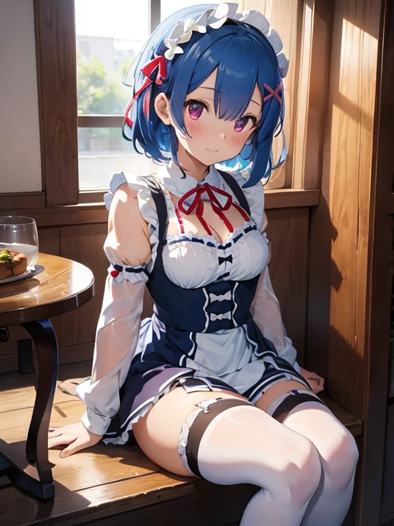 1 girl, rem re: zero, sensual body, sexy girl, wearing shorts, tight vinyl shirt, big breasts, delicate face, short hair, blue hair beautiful smile, cherry blossom background, Japan temple background