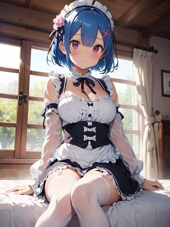 masterpiece, best quality, highres, ram1, 1girl, solo, rem \(re:zero\), blue hair, white thighhighs, short hair, red eyes, hair over one eye, ribbon trim, hair ribbon, x hair ornament, frills, maid headdress, waist apron, garter straps, black ribbon, medium breasts, cleavage, long sleeves, white apron, neck ribbon, purple ribbon, wide sleeves, hair flower, indoors, sitting, crossed legs,nude, dripping pussy,NSFW