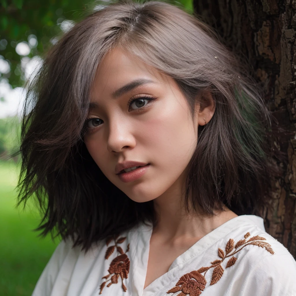 A photorealistic portrait of a 20-year-old asian girl with wolf cut hair two-tone color like a billie eilish. wearing shirt white embroidery, She should natural expression. The background should be a garden tree. Capture this image with a high-resolution photograph using an 85mm lens for a flattering perspective.