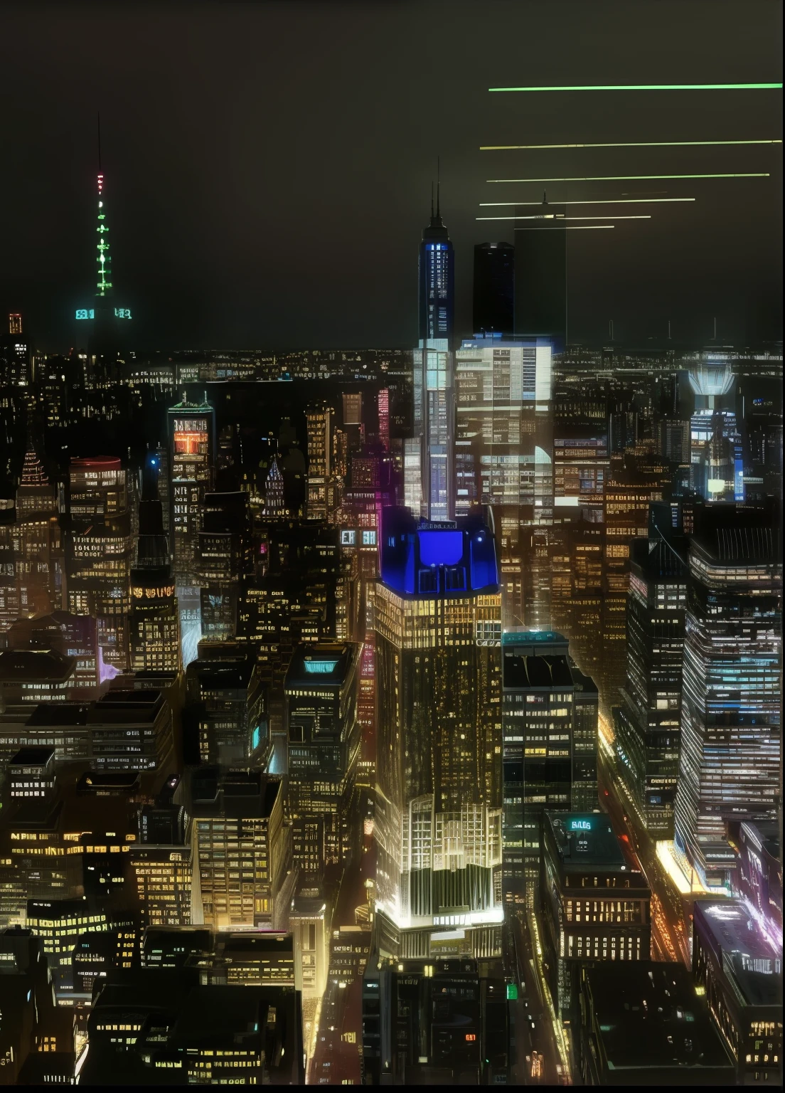 City night view under blue lights, Manhattan on top of skyscrapers, new york city at night, , look from down, neon lights in the city below, skyline showing from the windows, The power of visual effects in the city at night, shot at night, Look from the top, Empire State Building