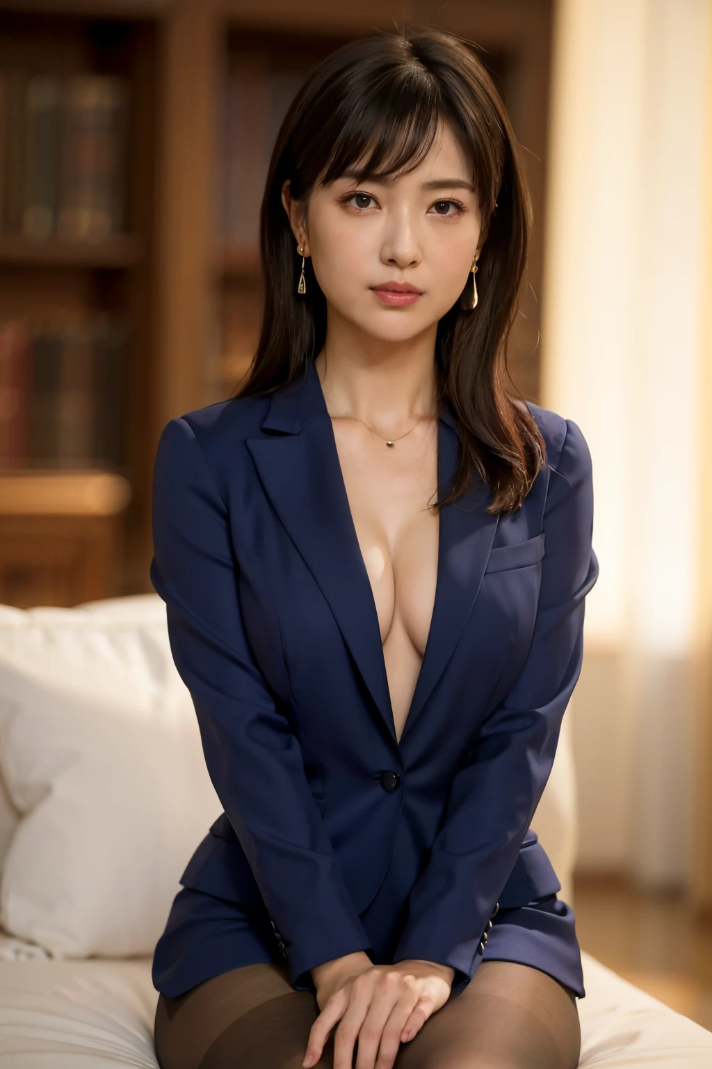 hight resolution, extremely detailed photo, hyper realstic, Professional Lighting, detailed bust, 8k wallpaper, masutepiece, Best Quality, 1girl in, straight haired, Look at viewers, Business suits, Dark blue suit, The shirt, Earring, a necklace, pantyhose, well-shaped bust, bokeh dof, Arms Down, Breasts squeezed together