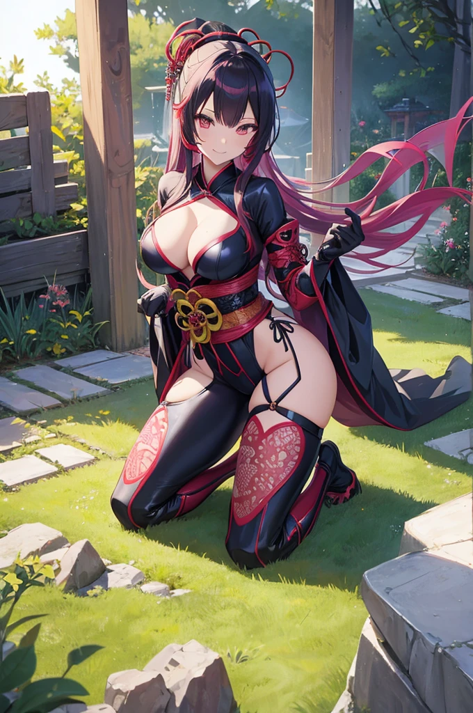 Anime style, beautiful girl in sexy ninja suit, Oiran style hair, smiling.
Suit in semi-transparent, sexually alluring.
all behind semi-transparent lace, face covered in semi-transparent lace too.
holding an extremely long katana at waist horizontally, part of blade is out, sexy pose.
Lot of bondage
Kneeling, submissive, obedient	
Background is a Japanese style garden.