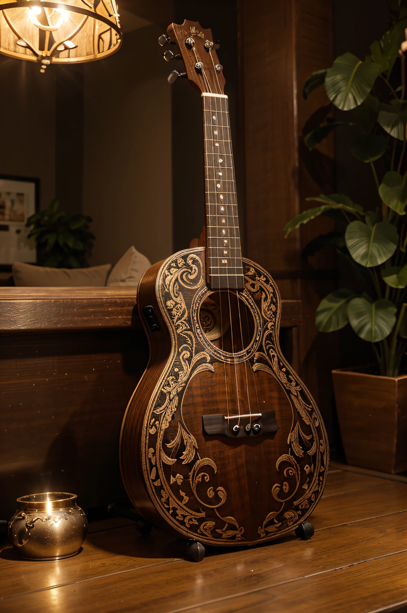 beautiful professional photograph of a guitar on a table with a plant in the background and other decorative items around. Cursed baroque with ebony wood inlay, ukulele, intrinsecamente esculpido, requintadamente ornamentado, altamente intrincado, incrivelmente detalhado, arte conceitual da guitarra, arte ornamental steampunk. The overall aesthetic is visually appealing, showcasing the craftsmanship and attention to detail involved in creating the ukulele. studiolight, DSLR, 8k