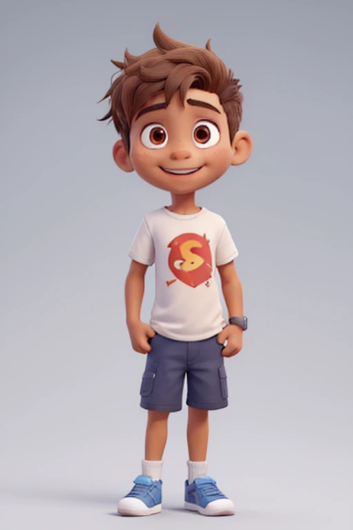 Draw Nei, he is a 3-year-old male child with tanned skin, short hair at the height of his ears, with a small mohawk, wavy and dark. He is Latin American, has a great smile and bright, curious brown eyes. He has a red superhero t-shirt, blue shorts and black sneakers. I want him to have a storybook style. It is on a white background. Full body.  jumping