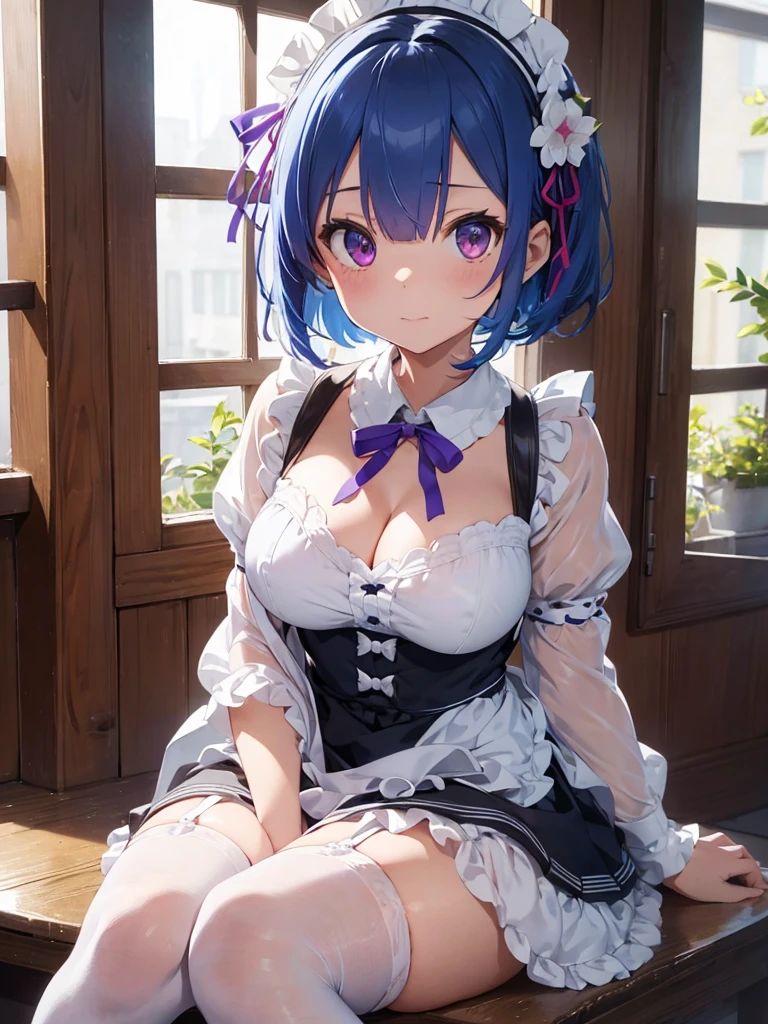 masterpiece, best quality, highres, ram1, 1girl, solo, rem \(re:zero\), blue hair, white thighhighs, short hair, red eyes, hair over one eye, ribbon trim, hair ribbon, x hair ornament, frills, maid headdress, waist apron, garter straps, black ribbon, medium breasts, cleavage, long sleeves, white apron, neck ribbon, purple ribbon, wide sleeves, hair flower, indoors, sitting, crossed legs,nude, dripping ,NSFW