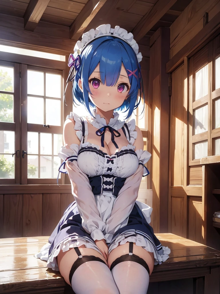 masterpiece, best quality, highres, ram1, 1girl, solo, rem \(re:zero\), blue hair, white thighhighs, short hair, red eyes, hair over one eye, ribbon trim, hair ribbon, x hair ornament, frills, maid headdress, waist apron, garter straps, black ribbon, medium breasts, cleavage, long sleeves, white apron, neck ribbon, purple ribbon, wide sleeves, hair flower, indoors, sitting, crossed legs,nude, dripping ,NSFW