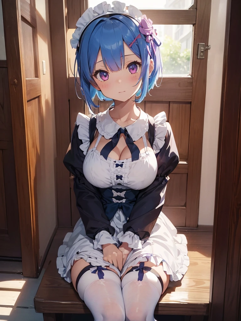 highres, crisp focus, Pixiv masterpieces, ((intricate detailed)), high-detail, Upper body, 1girls, REM_new_zero, blue hair, Short Hair Hair, maid outfit, Hair ornaments, cleavage, maid headdress, detached sleeves, ribbons,