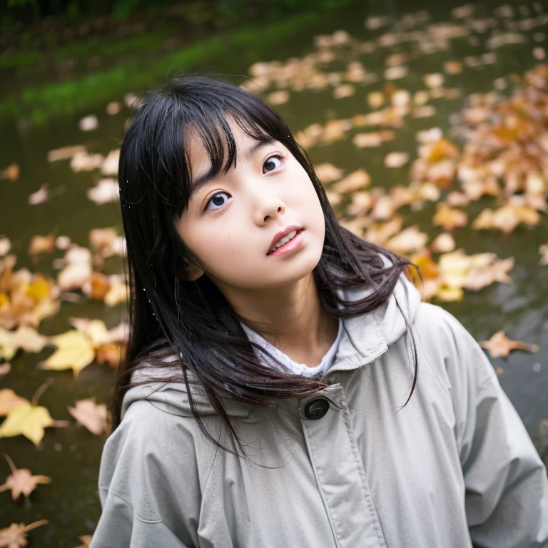 An ultra-high picture quality、Perfect Photo、japanes、Japanese female model、14years、a beauty girl、indoor white background、fullllbody、Narrow-eyed、large mouth、the wind、The upper part of the body、Wet hair、Autumn clothes、worry、looking downwards、Getting wet in the rain、sodden、get angry、dislike、Drenched hair、