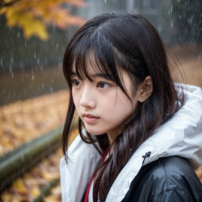 An ultra-high picture quality、Perfect Photo、japanes、Japanese female model、14years、a beauty girl、indoor white background、fullllbody、Narrow-eyed、large mouth、the wind、The upper part of the body、Wet hair、Autumn clothes、worry、looking downwards、Getting wet in the rain、sodden、get angry、dislike、Drenched hair、