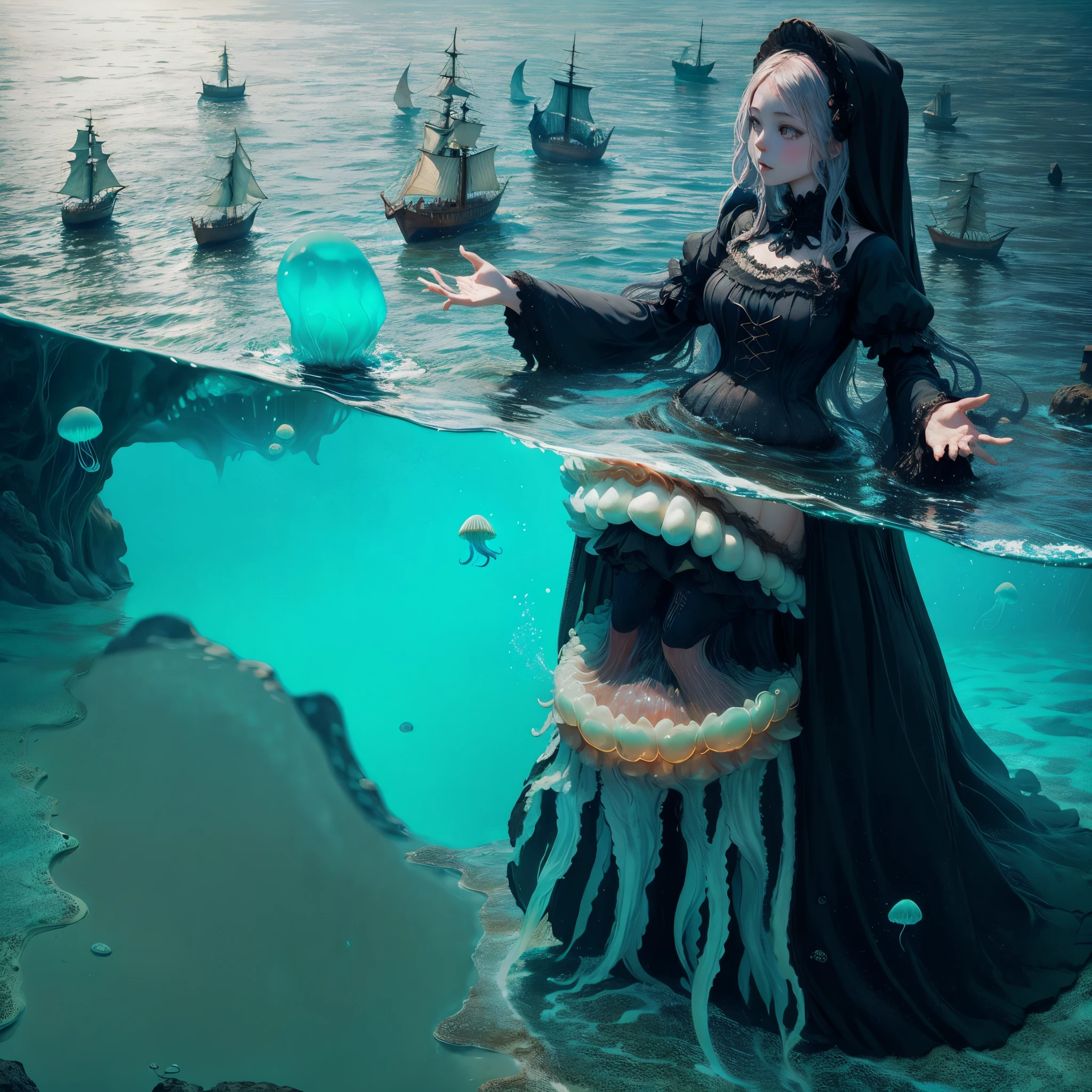 giant jellyfish girl. like her black dress. the other side of the water. Beckoning. Medieval ships. big mouth in the water. Composition looking down.