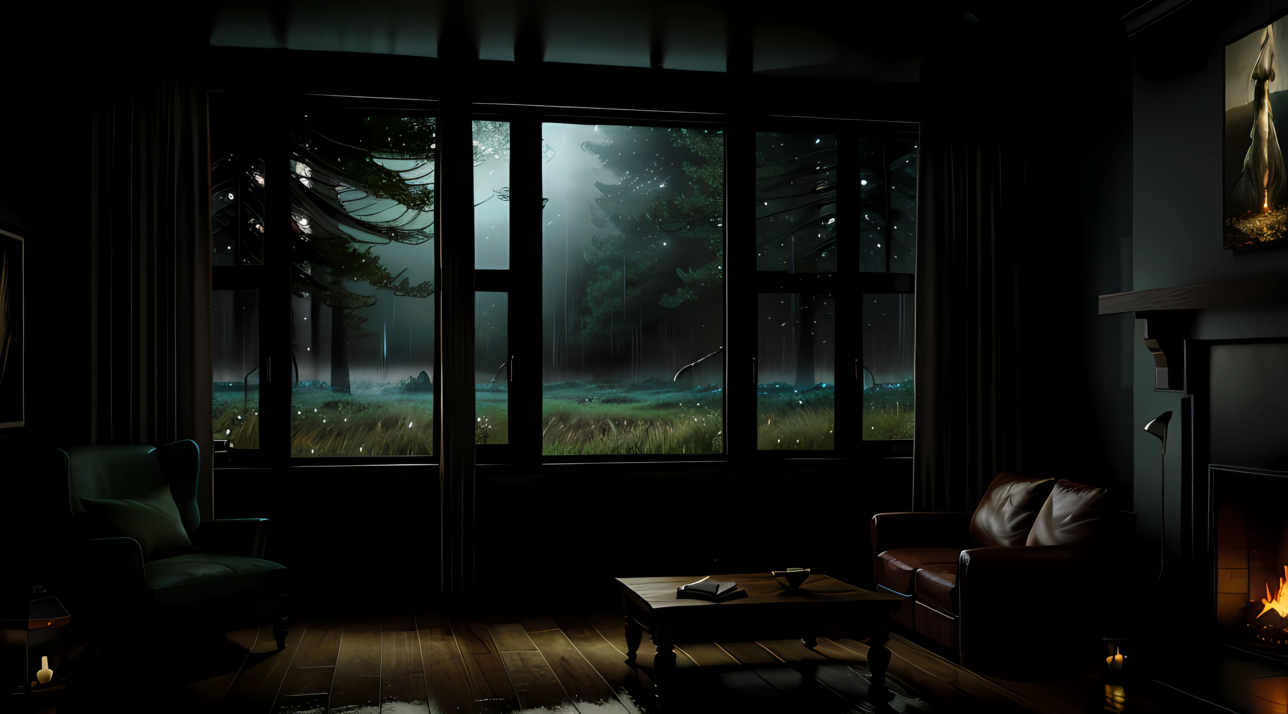 View of the bedroom and sofa with fire in the fireplace, large windows, looking towards the forest,quiet night. original image, rainy day. original rendering, rainy night, gloomy cinematic lighting, atmosphere. digital painting, moody cartoon scenes, dramatic lighting. concept art, atmospheric shots, gloomy weather. hyperrealistic, atmospheric rendering, rainy night, huge forest, atmospheric and sandy details, beautiful and cinematic lighting, rainforest