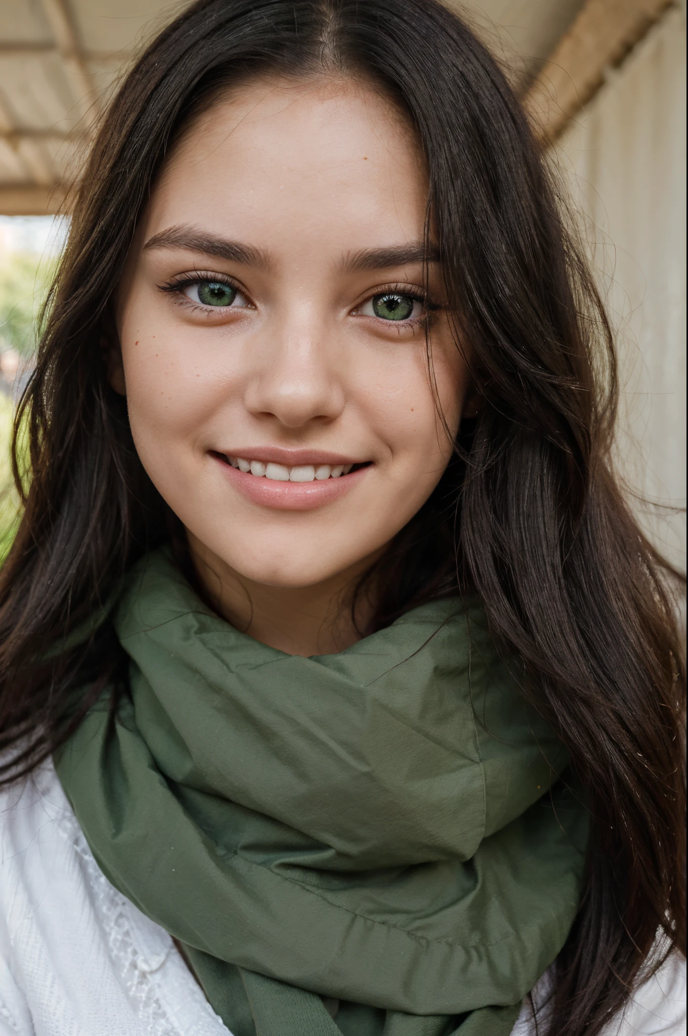 Face portrait of a young cute girl with green eyes, long black hair ((covers one eye)), full lips, oval face, perfect teeth, beautiful smile, a mole on the chin, shy,cute, sexy, young, happy, cheerful