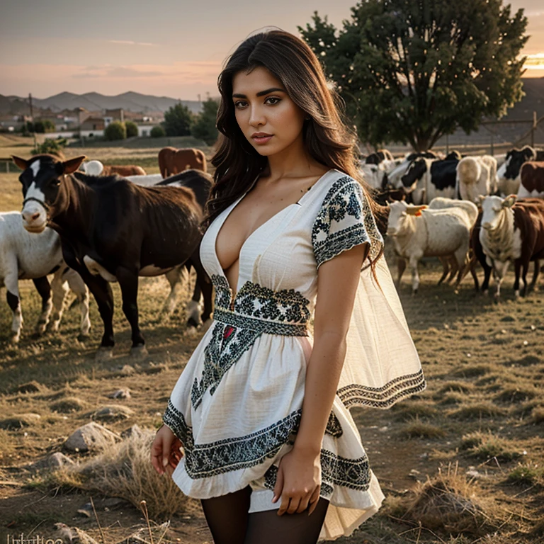 Sexy Kurdish woman in local motif clothes, herding sheep and cows, her dress is low-cut, hyper realistic, ultra detailed, 4k, sunset light