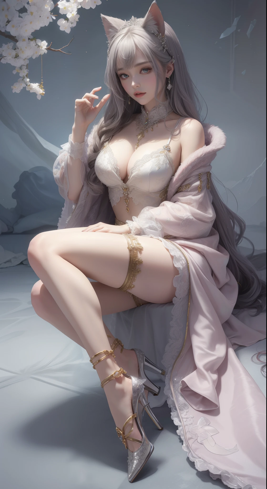 tmasterpiece,Highest image quality,Beautiful bust of the noble cat queen,cat ear,Cat tail delicate silver hairstyle,Clear golden eyes,A dazzling array of intricate jewelery adorns the chunky, Plush clothes。Plush clothing,Leather heels,Ultra-detailed details,advanced。At the Pixiv Art Station,Break your own power,,The kinky exposed,R-18G