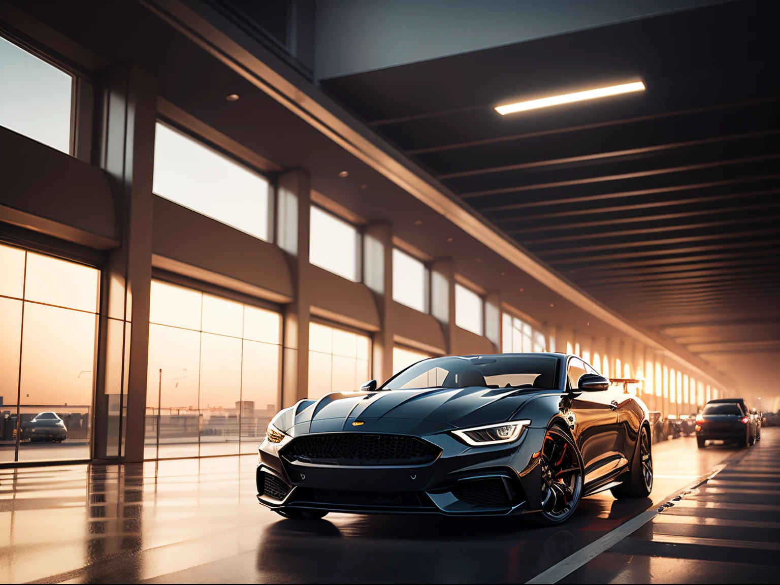 Scene of a black, high-luxury car, parked at one of the entrances to an airport. Realistic image, high quality.