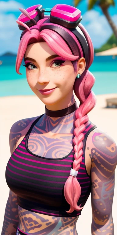 A single young hopeful woman with vibrant pink hair, striking a graceful and feminine pose, on a tropical island, solo, happy, with a light smile. She has pink hair with pigtails, she wears pink goggles on her head. There only one person. She has a few freckles on her cheeks and has tattoos on her arms, petite, large chested. She wearing a black sports bra woth pink stripes ( vissible through sports bra) along with black swim shorts. She laying down getting a tan on a private beach, upper body shot