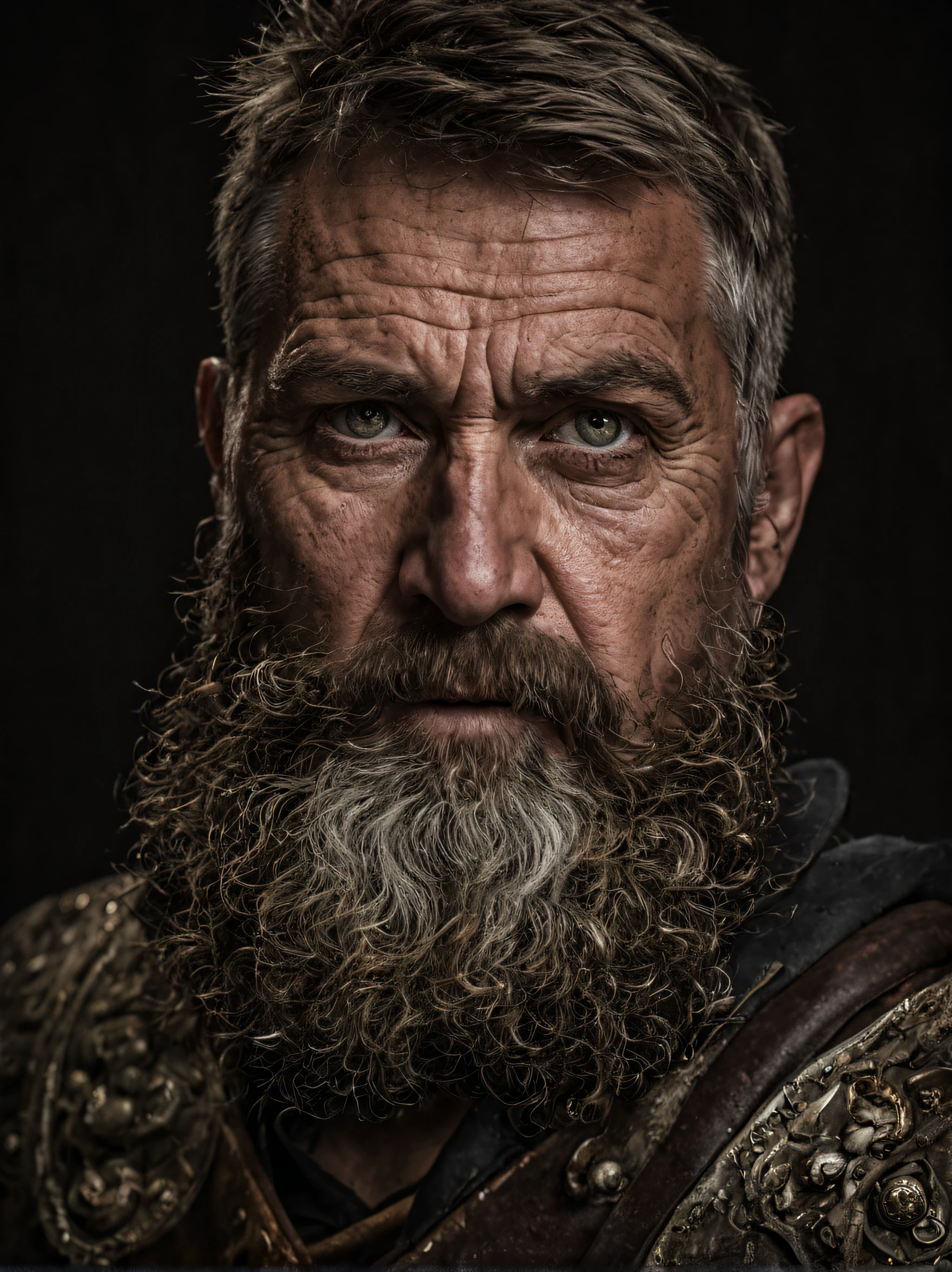 a portrait of a warrior, bearded, stout, weathered, with piercing eyes, detailed face, high details, photography, dark studio, rim light, leica mp, noctilux 50mm, f/1.0