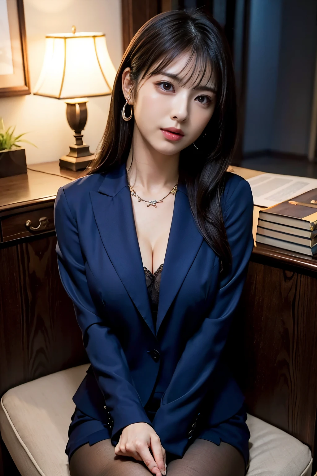 hight resolution, extremely detailed photo, hyper realstic, Professional Lighting, detailed bust, 8k wallpaper, masutepiece, Best Quality, 1girl in, straight haired, Look at viewers, Business suits, Dark blue suit, The shirt, Earring, a necklace, pantyhose, well-shaped bust, bokeh dof, Arms Down, Breasts squeezed together