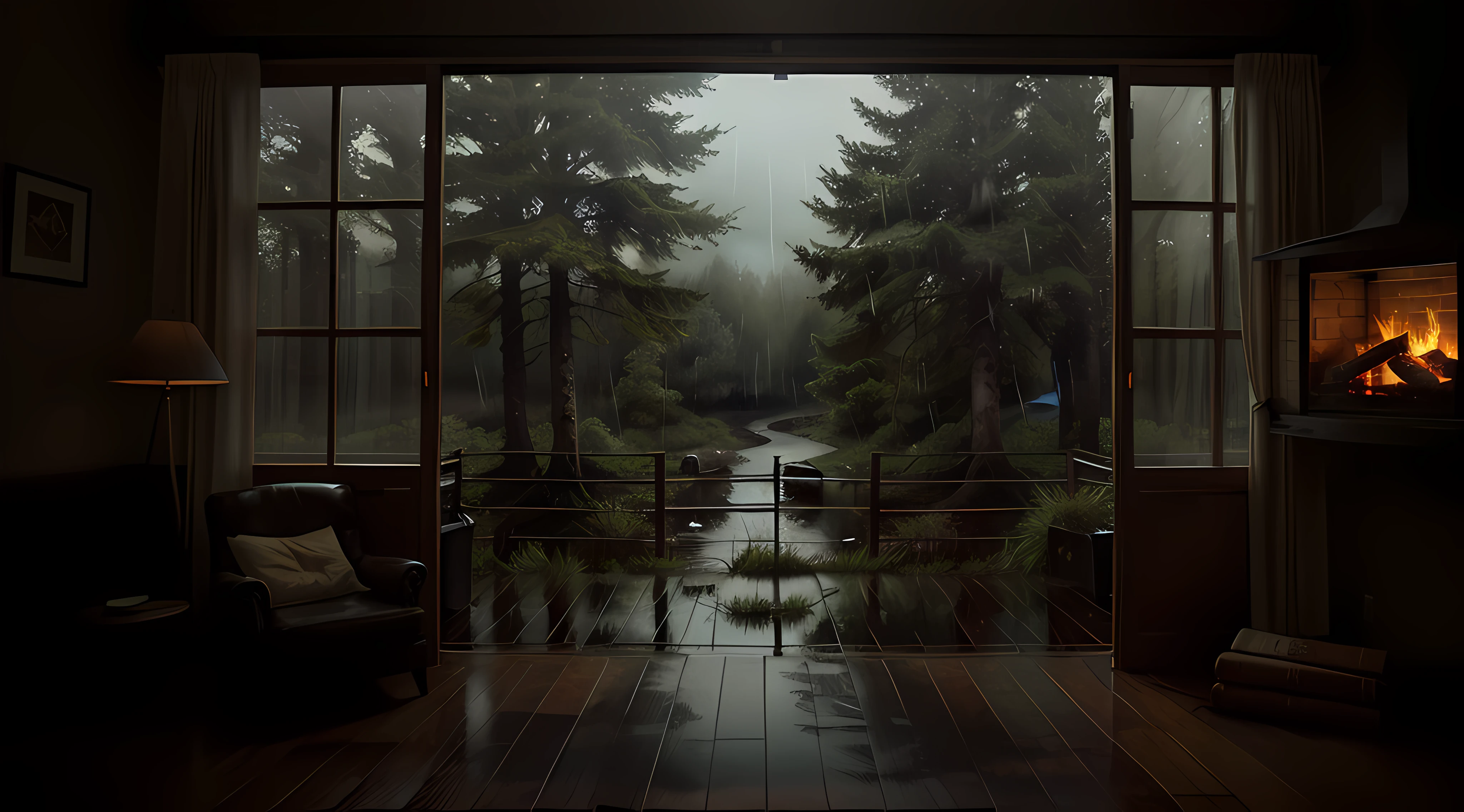 Bedroom view with fire in the fireplace in the room, large windows overlooking the forest, quiet night. original image, rainy day. original rendering, rainy night, gloomy cinematic lighting, atmosphere. digital painting, moody cartoon scenes, dramatic lighting. concept art, atmospheric shots, gloomy weather. hyperrealistic, atmospheric rendering, rainy night, huge forest, atmospheric and sandy details, beautiful and cinematic lighting, rainforest
