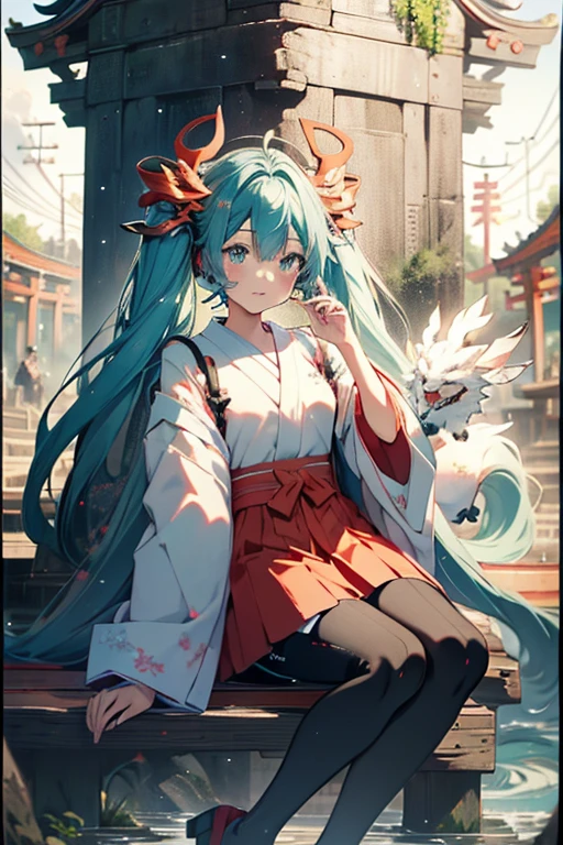 high-level image quality,miku hatsune,dragon pokemon,Kimono,The background is a shrine,torii gate,