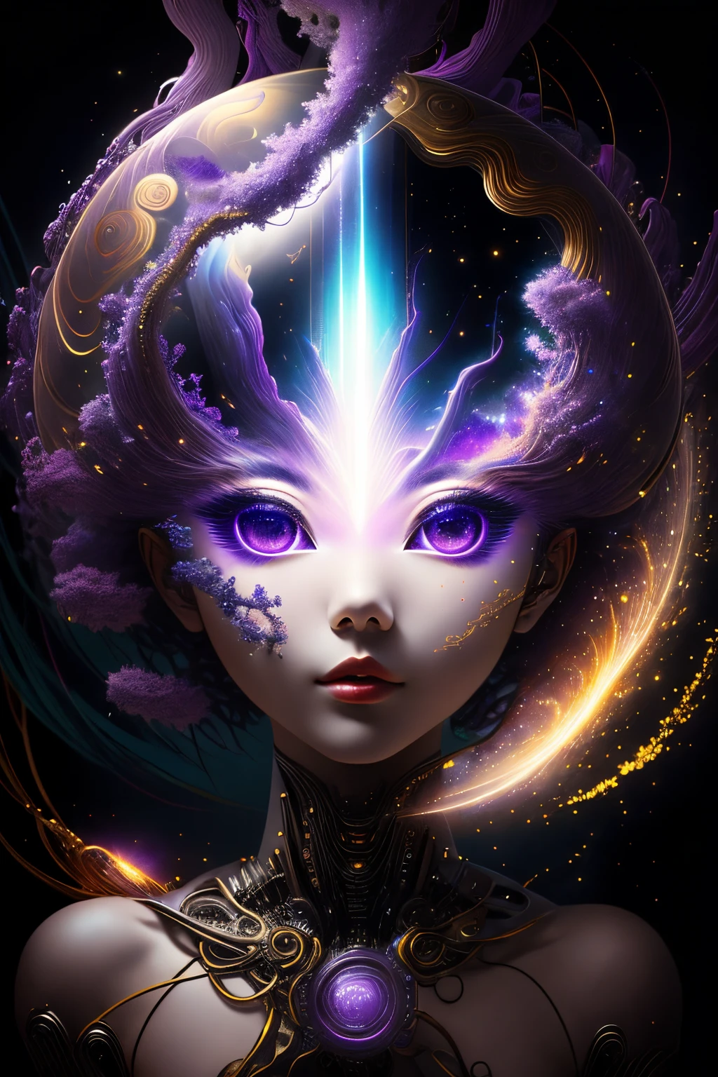 The work must be an extremely lengthy one、Unbeatable masterpiece,Depicts a mysterious Japanese girl with a non-humanoid entity emanating brilliant purple energy inside her.,The girl wants to show this part of the surreal scene to the camera。The shade depicted should be flawlesudes an extraordinary level of reality,