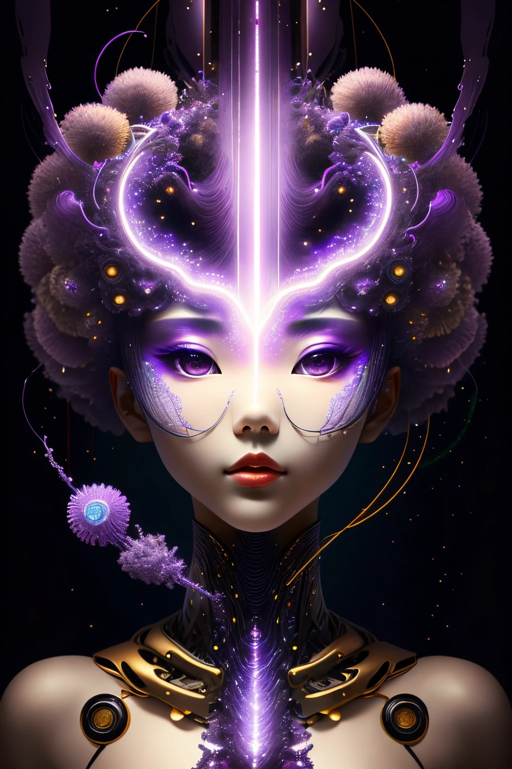 The work must be an extremely lengthy one、Unbeatable masterpiece，Depicts a mysterious Japanese girl with a non-humanoid entity emanating brilliant purple energy inside her.，The girl wants to show this part of the surreal scene to the camera。The shade depicted should be flawlesudes an extraordinary level of reality，