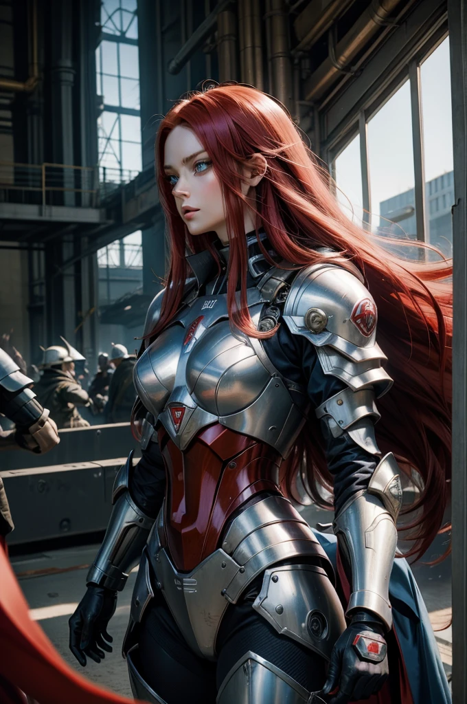 make a long red hair blue eyes fighter girl with battle style mecha armor, corpo perfeito, arte de cinema, 16k, cores quentes, cores vibrantes, atimosfera que envolva o personagem, atraente ao publico, perfect hands, corpo perfeito, simetria perfeita, linda para o publico, +18