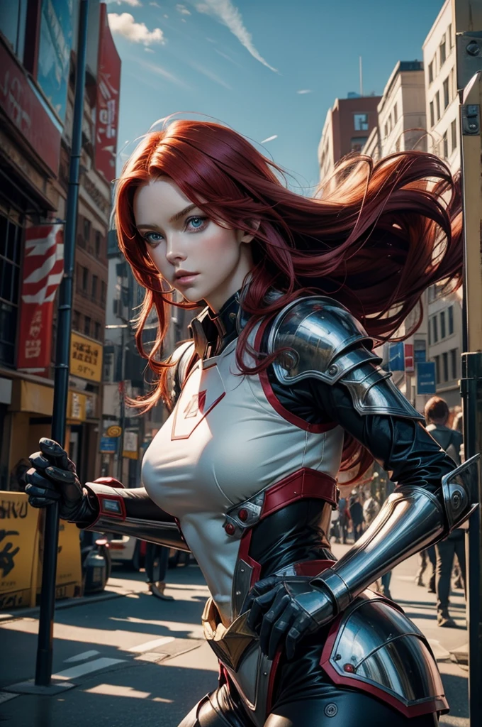 8k, high definition, high resolution wallpaper, front foreshortened composition, of a 25 year old girl, very pretty, goddess of beauty, golden proportions, heroine appearance, dressed in a cyberpunk inspired outfit and mixed with the outfit mythical Iron Man Mark VII and the manga Evangelion, in white and gray colors. Her expression is determined. Dirty with mud from the battle, scratches and bumps on the combat suit, Cyber Girl, High technology, giant chest, huge and well-proportioned chest, well-defined chest, normal hips, narrow waist, good ass, big and round ass. Physically fit girl, beautiful and well-detailed face, well-detailed gray eyes, mouth with thick red lips, she has very long, curly and tousled orange-red hair that falls in messy curls over her enormous chest. freckles on her face. beautiful and freckled girl. With a face dirty with mud she finds herself in a scene of destruction of a futuristic Martian city in ruins. Dynamic combat stance, on guard. Epic combat scene. Post apocalyptic. red skyes,The light that predominates in the scene is reddish and heavy.