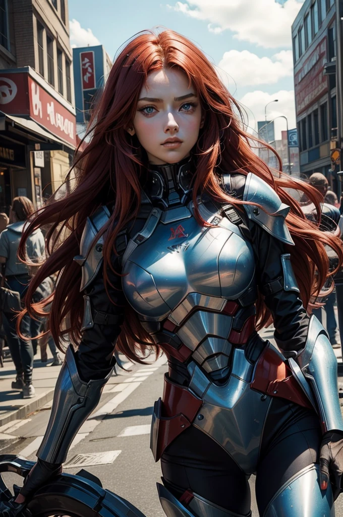 make a long red hair blue eyes fighter girl with battle style mecha armor, corpo perfeito, arte de cinema, 16k, cores quentes, cores vibrantes, atimosfera que envolva o personagem, atraente ao publico, perfect hands, corpo perfeito, simetria perfeita, linda para o publico, +18