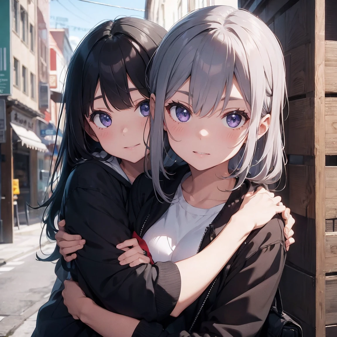 A girl with gray hair and purple shiny eyes hugs a girl with blond hair and green eyes in a black jacket.