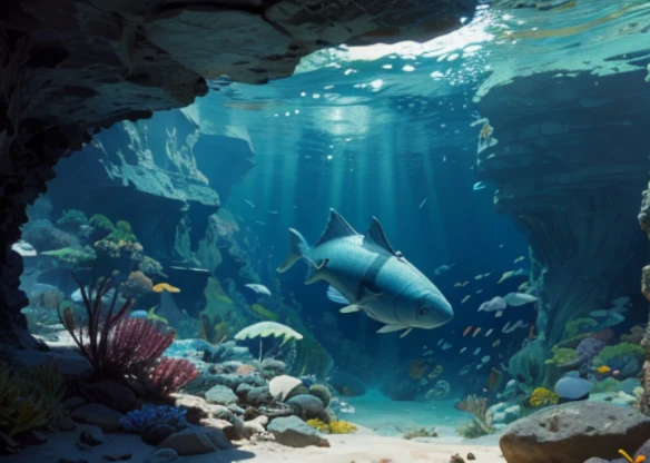 Underwater scenery, wide angle view, ((silhouette)), deep blue mood, dark environment, very deep water, cave diving, (((view from sea bottom, miles far away from water surface))), looking upward, hazy back lighting)), fleet of fishes 🐟🐟🐟🐟🐟🐟🐟🐟, many rare sea creatures, Tardigrade, (Pantopoda), Giant Isopod, Chimaera, prehistoric sea creature, sea cliffs, epic acrylic painting
