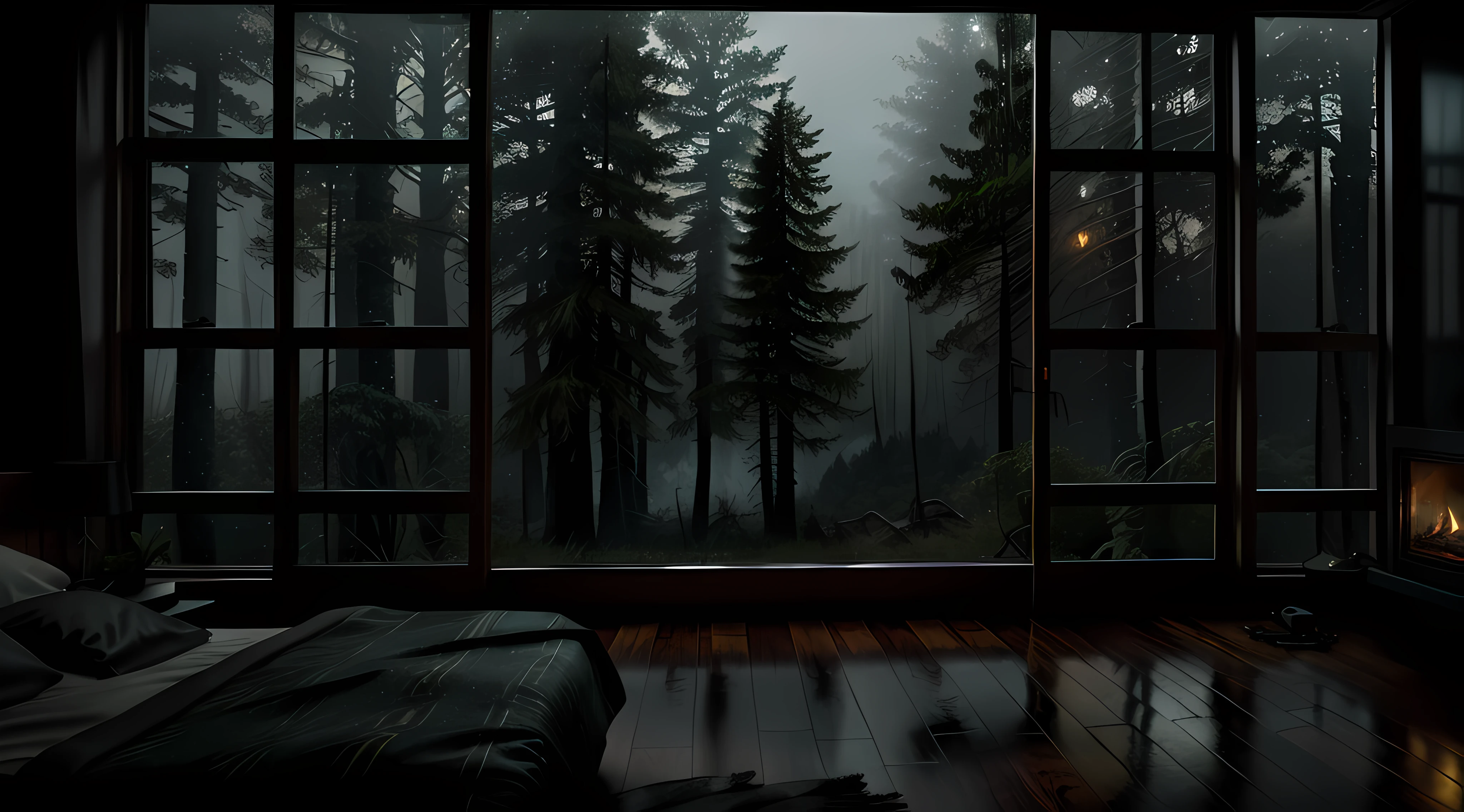 Bedroom view with fire in the fireplace in the room, large windows overlooking the forest, quiet night. original image, rainy day. original rendering, rainy night, gloomy cinematic lighting, atmosphere. digital painting, moody cartoon scenes, dramatic lighting. cinematic, cinematic,concept art, atmospheric shots, gloomy weather. hyperrealistic, atmospheric rendering, rainy night, huge forest, cinematic, 4k, ultra hd,atmospheric and gritty details, beautiful and cinematic lighting, rainforest