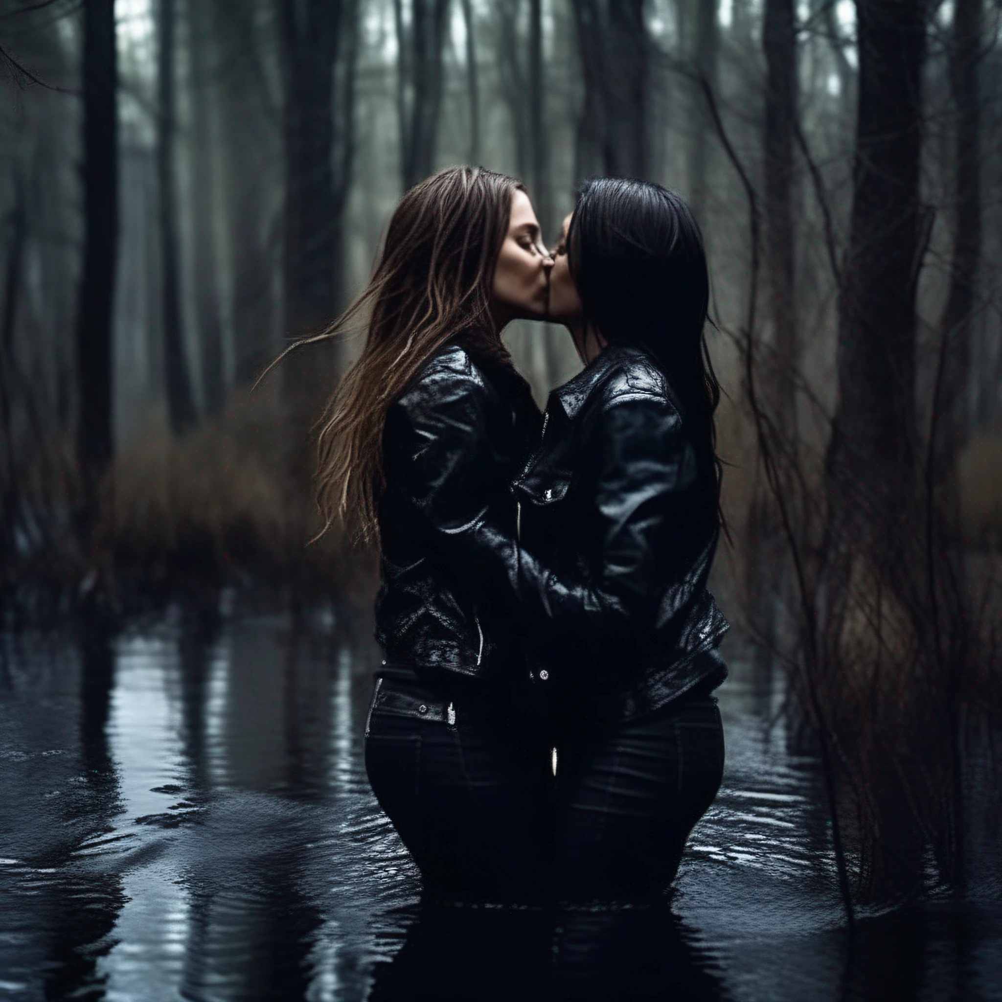 Dark Forest, 2 women drown in a swamp. Jeans and black leather jacket. They kiss passionately, Realizing. that this is their last sexual ecstasy. Dirty harassment.