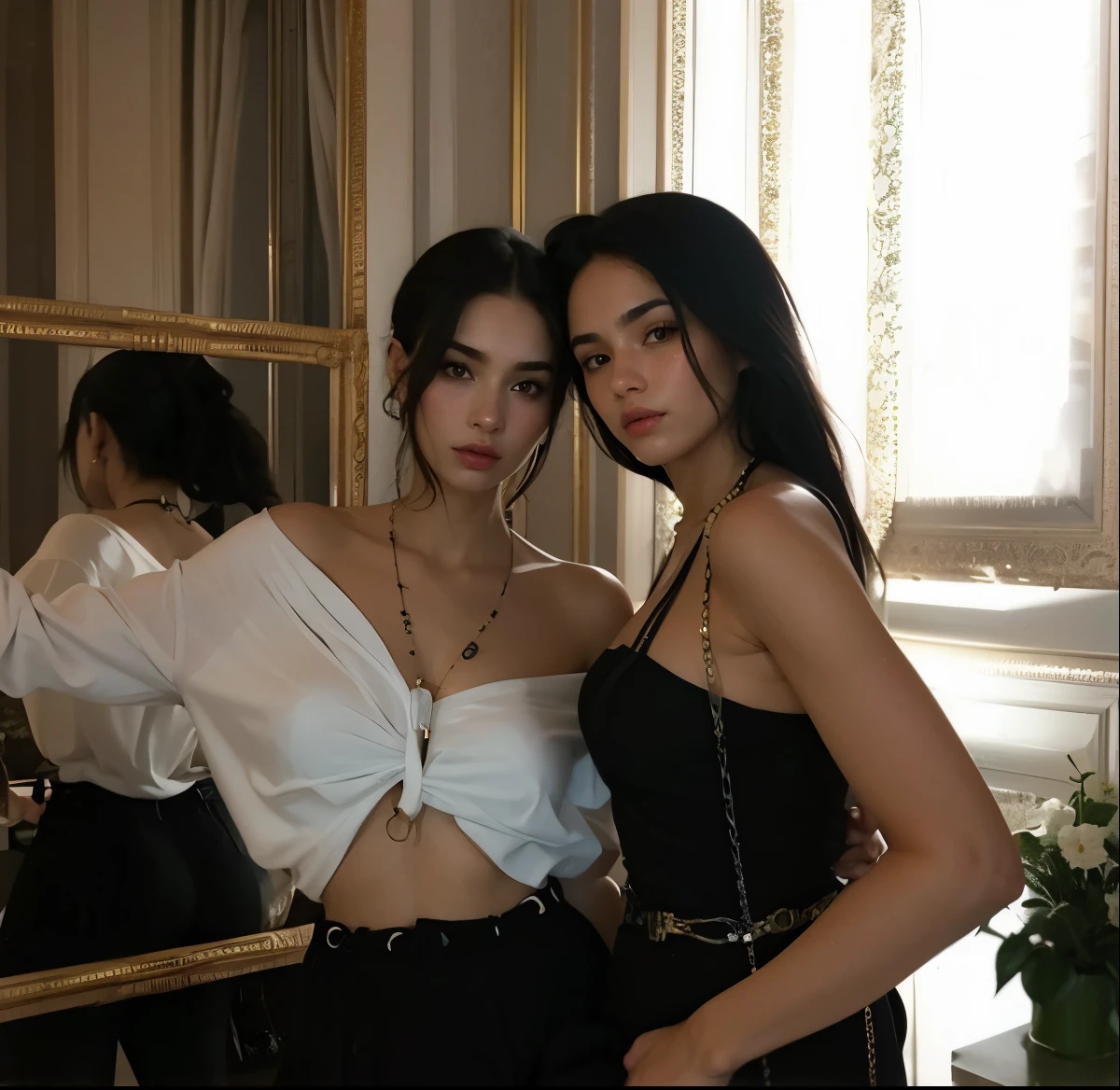 two women standing next to each other in front of a mirror, dois modelos no quadro, Dua Lipa, beautiful gemini twins, Charli Bowater e Artgeem, foto de perfil, imagem de qualidade muito baixa, Bella Thorne e Megan Fox, Directed by: Alexis Grimou, exclusivo, Directed by: Emma Andijewska, julia sarda, posing together in bra