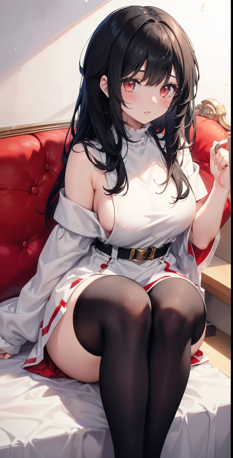 1 girl, bangs, black hair, black socks, knee-highs, long hair, medium breasts, lips, reclining, standing, tights, Christmas clothes, Christmas clothes, ((red and white clothes)), thick legs , thick thighs, white background