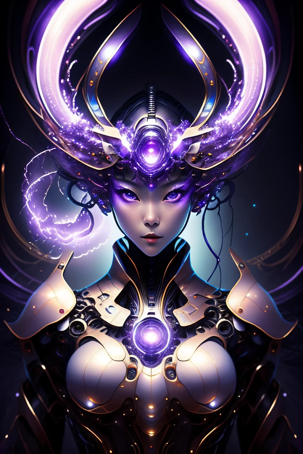 The work must be an extremely lengthy one、Unbeatable masterpiece,Depicts a mysterious Japanese girl with a non-humanoid entity emanating brilliant purple energy inside her.,The girl wants to show this part of the surreal scene to the camera。The shade depicted should be flawlesudes an extraordinary level of reality,