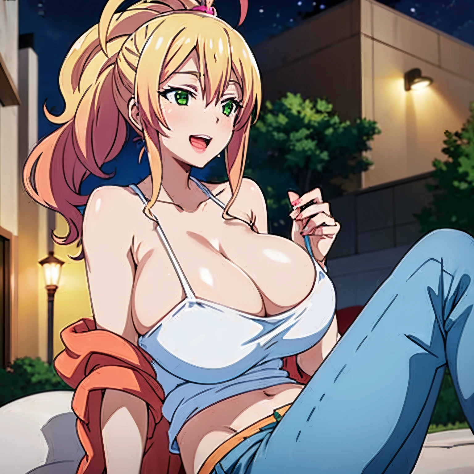 1women, ((nude)), ((huge tits)), slim waist, outdoor, night city, ((busty)), blonde hair, green eyes, ponytail hair, smile, white tank top, jeans pants, open mouth, view at camera, close up,