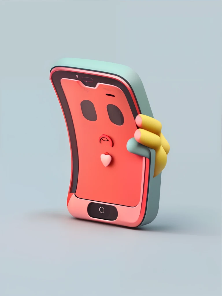 Red pixar style smartphone character holding a red smartphone, sad kawaii face,