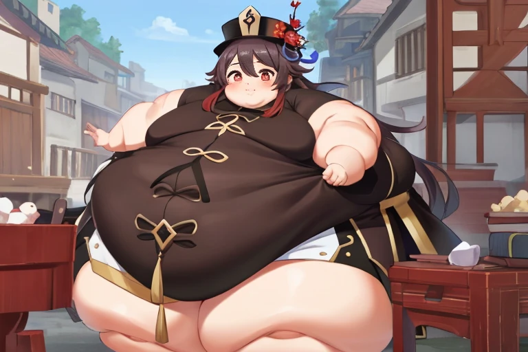 extremely detailed CG, high resolution, best quality, masterpiece, immobile body, obesity, (bishoujo:1.3), (game cg), immobile hutaodef, red eyes, smile, chinese medieval city,  big obese belly, big immobile thick thighs, big obese arms, big chunky cheeks, obese large neck, small chests