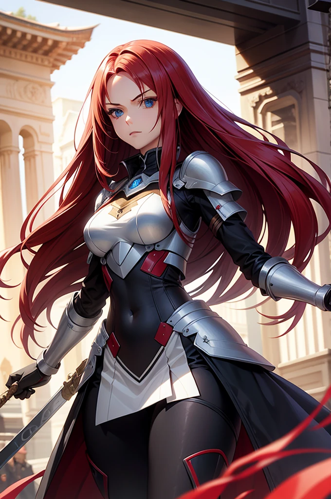 make a long red hair blue eyes fighter girl with battle style mecha armor, corpo perfeito, arte de cinema, 16k, cores quentes, cores vibrantes, atimosfera que envolva o personagem, atraente ao publico, perfect hands, corpo perfeito, simetria perfeita, linda para o publico, +18