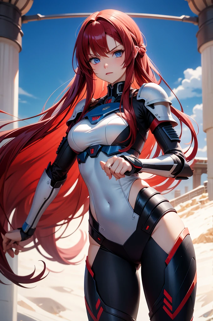 make a long red hair blue eyes fighter girl with battle style mecha armor, corpo perfeito, arte de cinema, 16k, cores quentes, cores vibrantes, atimosfera que envolva o personagem, atraente ao publico, perfect hands, corpo perfeito, simetria perfeita, linda para o publico, +18