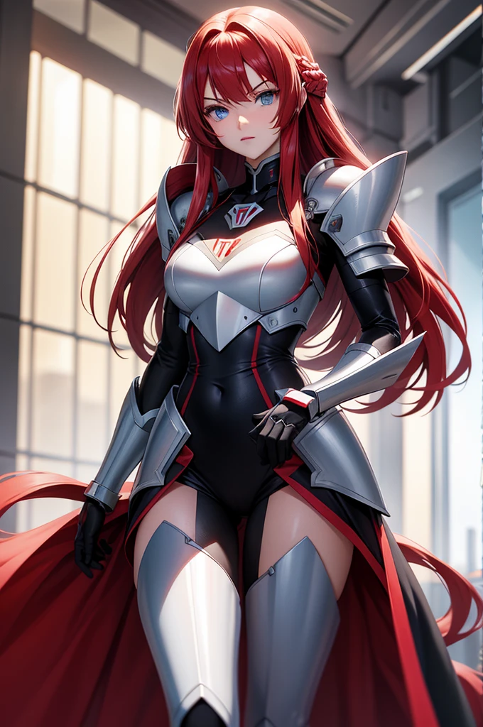 make a long red hair blue eyes fighter girl with battle style mecha armor, corpo perfeito, arte de cinema, 16k, cores quentes, cores vibrantes, atimosfera que envolva o personagem, atraente ao publico, perfect hands, corpo perfeito, simetria perfeita, linda para o publico, +18