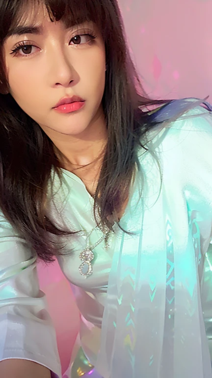 there a woman that posing for a picture in a white dress, glowing with colored light, very very low quality picture, low quality photograph, with instagram filters, (((((((no glow))))))), light effect. feminine, colors white!!, profile pic, glowing with silver light, holographic!!!, background heavenly, with straight black hair, with backlight