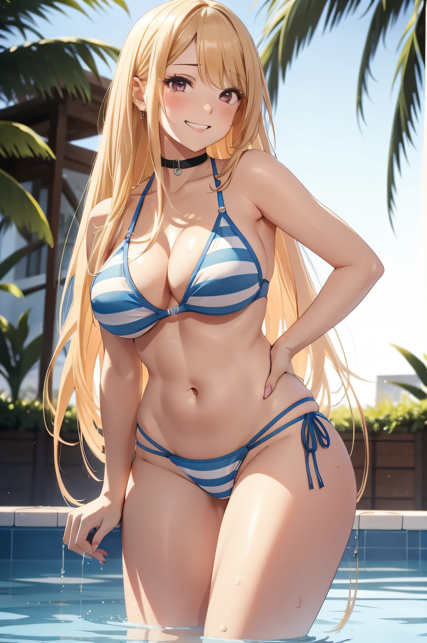 (masutepiece, Best Quality, Ultra-detailed, Ulutra HD, Photorealistic, Cinematic), (Attractive anime girl Kitagawa), Perfect body, Perfect face, Perfect hands, Delicate face, ( Large cleavage:1.2), (Round Ass), (long round legs), (Wide Shot, full-body view:1.5), (wet golden blonde hair, The edges have a peach pink gradation..), (waist-length hair), (i&#39;A man wearing a wet and transparent blue string bikini top, White stripes), (Navel), (wet blue thong bikini, White stripes:1.2), (Sitting,  Pose), (in poolside), Fuchsia Eye, Detailed pupils, Nudrip, Blushing, psycho smile, Excited smile, (From below:1.2), Wet skin, Wet face