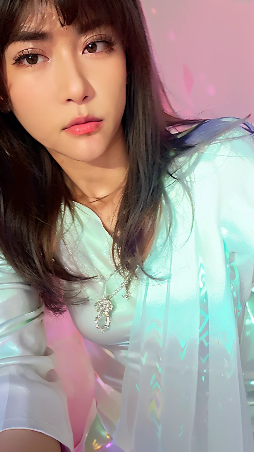 there a woman that posing for a picture in a white dress, glowing with colored light, very very low quality picture, low quality photograph, with instagram filters, (((((((no glow))))))), light effect. feminine, colors white!!, profile pic, glowing with silver light, holographic!!!, background heavenly, with straight black hair, with backlight