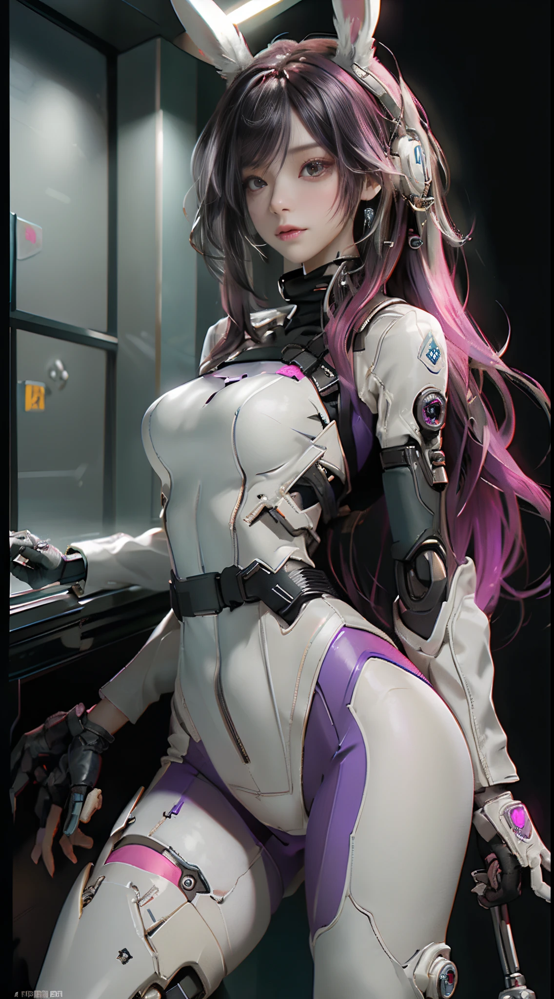 Fullbody portrait,(Theme colorPink)、((best qualtiy)),Cyborg style cyborg girl,Brown hair and purple,Medium Hairstyles,Wear headphones in the shape of rabbit ears and a gas mask,There a green light on the surface of the gas mask,Dressed in a white suit,The clothes have a long pink strip of light,Pink eyelack glove),The left hand a mechanical prosthesis,The body connected by wires and pipes, ((tmasterpiece)), (detaileds:1.4), 。.。.。.3D, A beautiful cyberpunk female image,nffsw(HighDynamicRange),Ray traching,NVIDIA RTX,Hyper-Resolution,Unreal 5,Subsurface scattering、PBR Texture、post processed、Anisotropy Filtering、depth of fieldaximum definition and sharpnesulti-layer texture、Albedo e mapas Speculares、Surface Coloring、Accurate simulation of light-material interactions、perfectly proportions、Octane Render、Cyberpunk City Night、multi-colored neon lights、Large aperture、Low ISO、White Balance、The Rule of Thirds、8K Raw、
