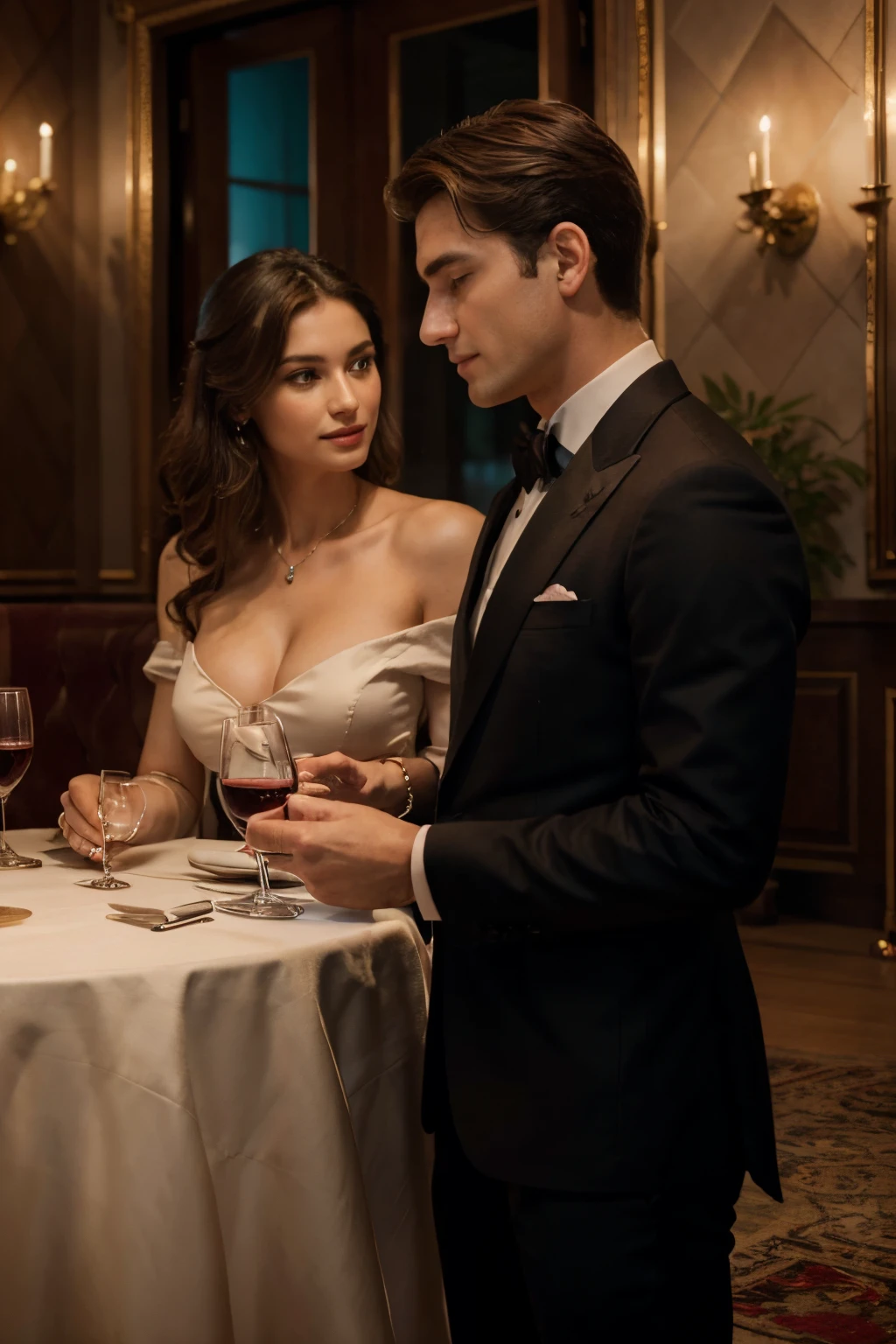 (best quality,4k,8k,highres,masterpiece:1.2),ultra-detailed,(realistic,photorealistic,photo-realistic:1.37),a well-dressed man having a conversation with an elegant lady at a restaurant. The man is whispering something into the woman's ear. [fine dining],[candlelight],[park view],[romantic atmosphere],[soft background music],[elegant table setting],[impeccable fashion],[gentleman's charm],[fine wine selection],[subtle smiles],[enigmatic mood],[whispering secrets],[sparkling jewelry],[ephemeral gesture]