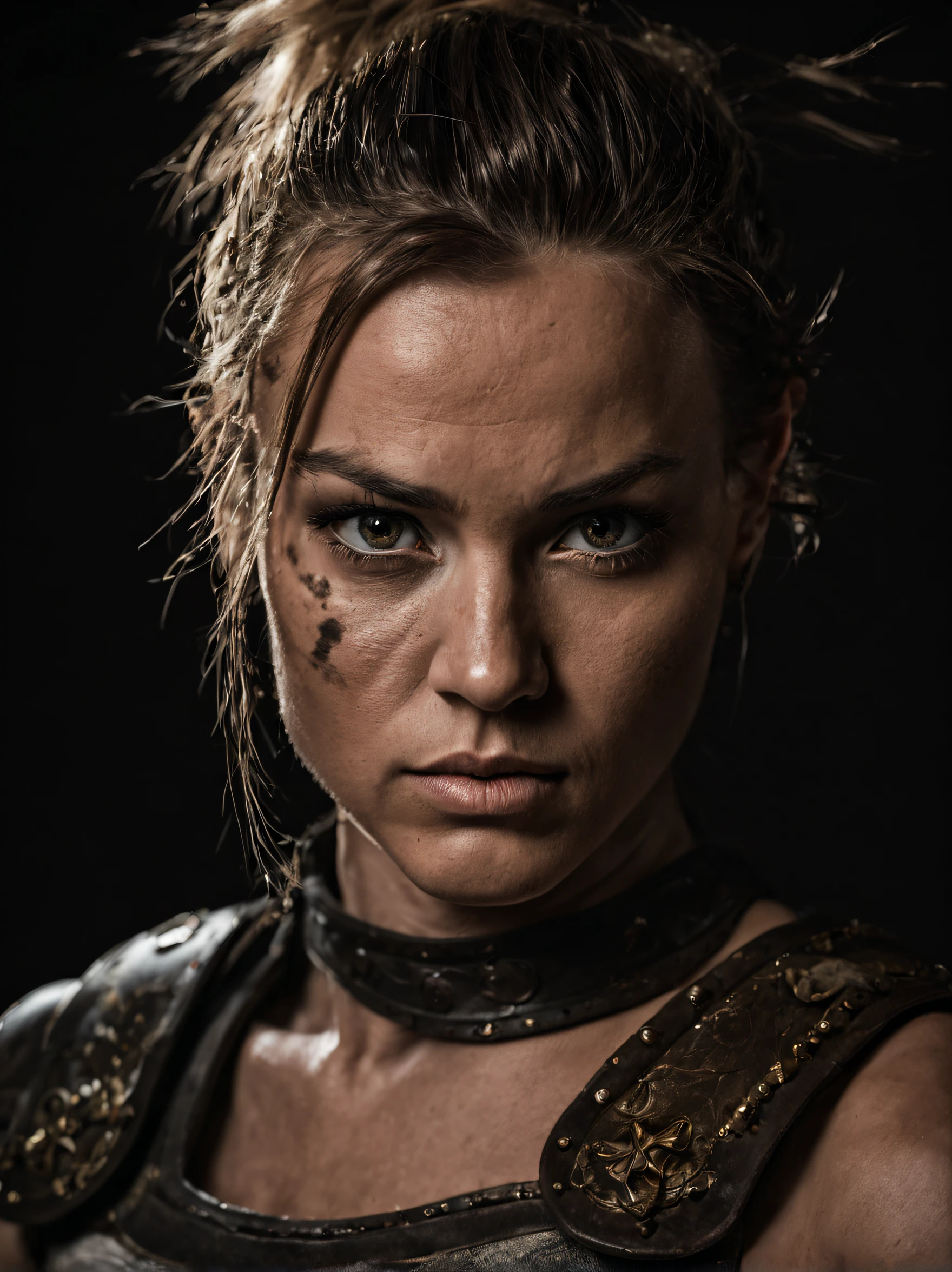 a portrait of a female warrior, stout, muscular body, with piercing eyes, detailed face, high details, photography, dark studio, rim light, leica mp, noctilux 50mm, f/1.0