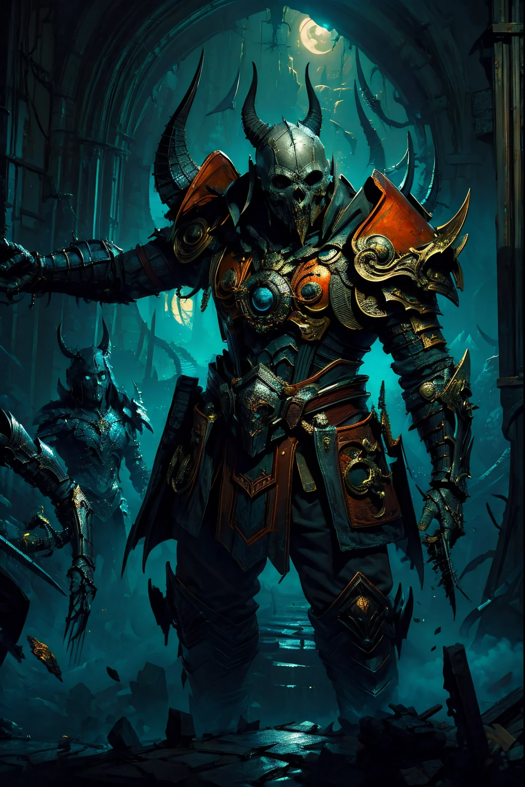 's, gothic art, lightand shade contrast, Standing painting, estimate, holland angle, emphasis lines, tmasterpiece, acurate, Anatomically correct, A high resolution, Best quality at best, super detailing, Award-Awarded,D14bl0 style necromancer,Humanoid monsters,A small amount of armor,withered face,sorcerous,,Epic war fantasy digital art,(greg rutkovsky:0.8), (cyan and orange:0.4),